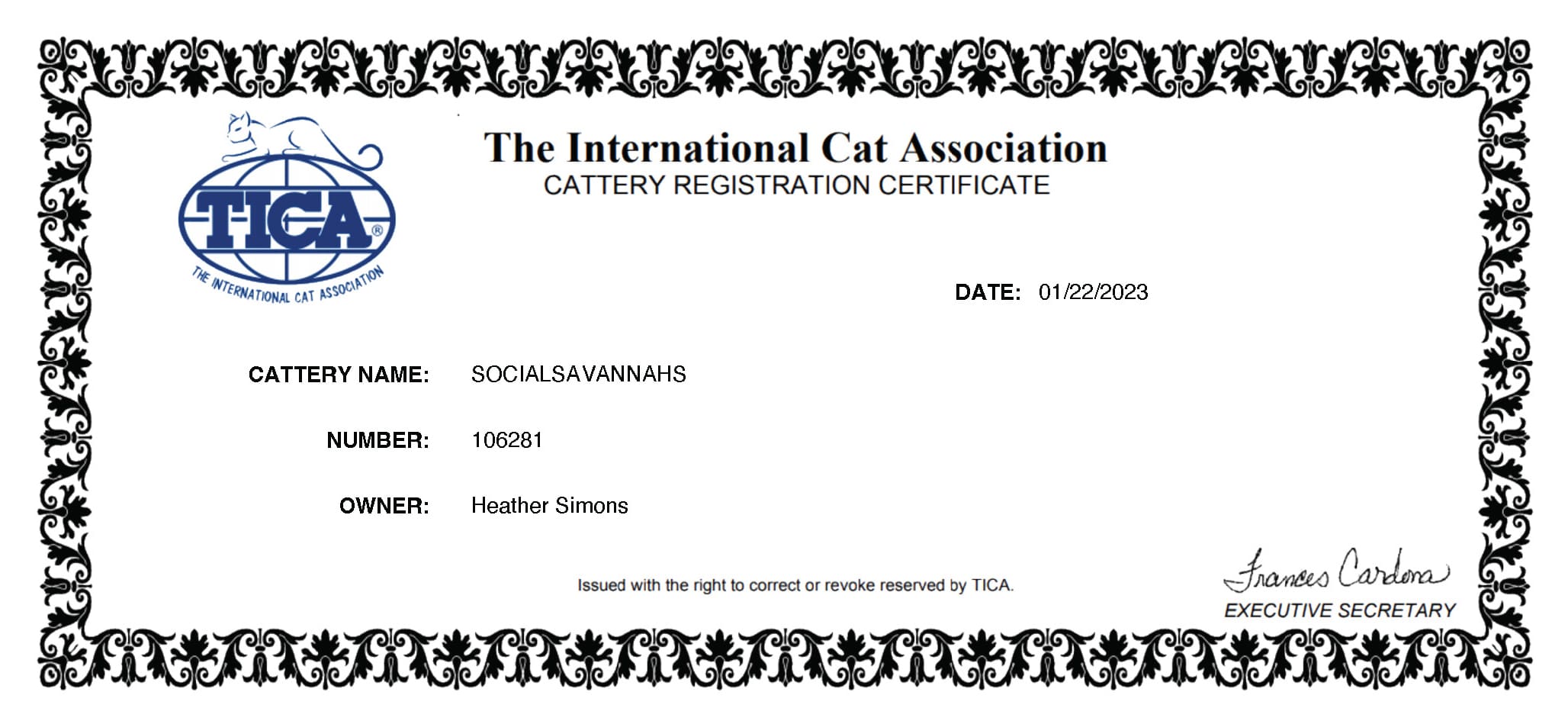 TICA Certificate